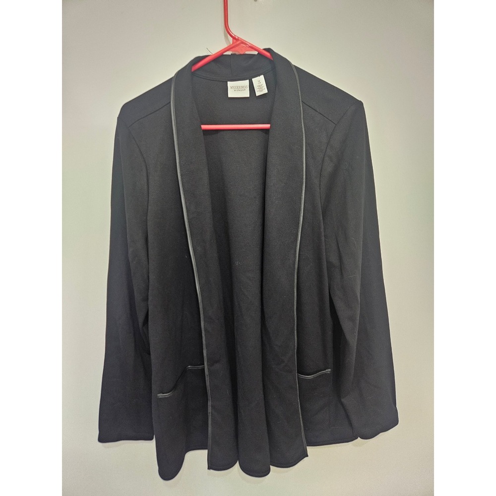 Weekends by Chicos Black Open Front Cardigan Faux Leather Trim Size 3 Large XL